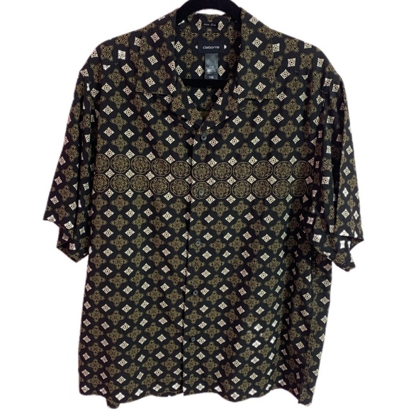 Claiborne Other - Vtg. Claiborne 100% Silk Black and Gold Geometric Button-Up Shirt